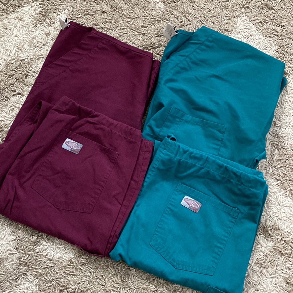 Scrubs. Hunter green and maroon. Unisex Size S. $38 for both top/bottom sets.